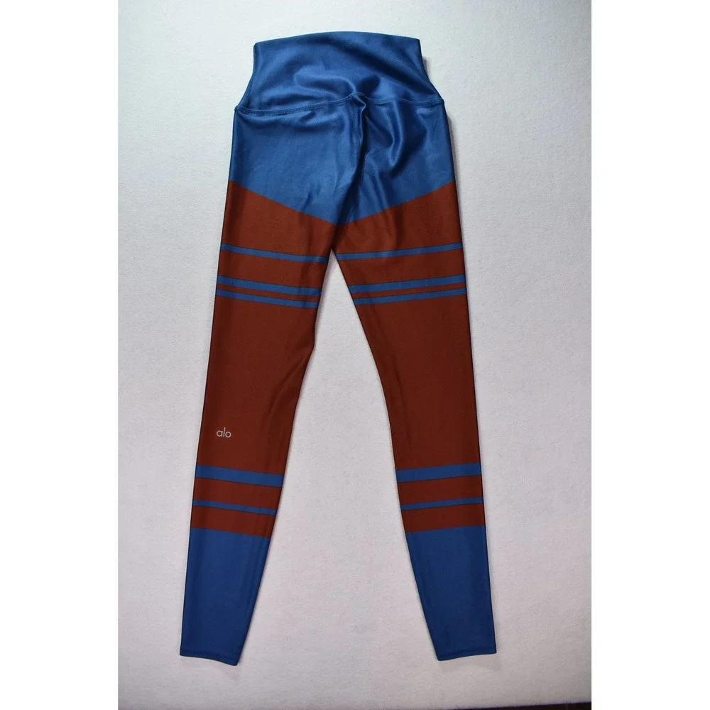 Alo Yoga High Waist Colorblock Striped Leggings Blue Rust Orange Small